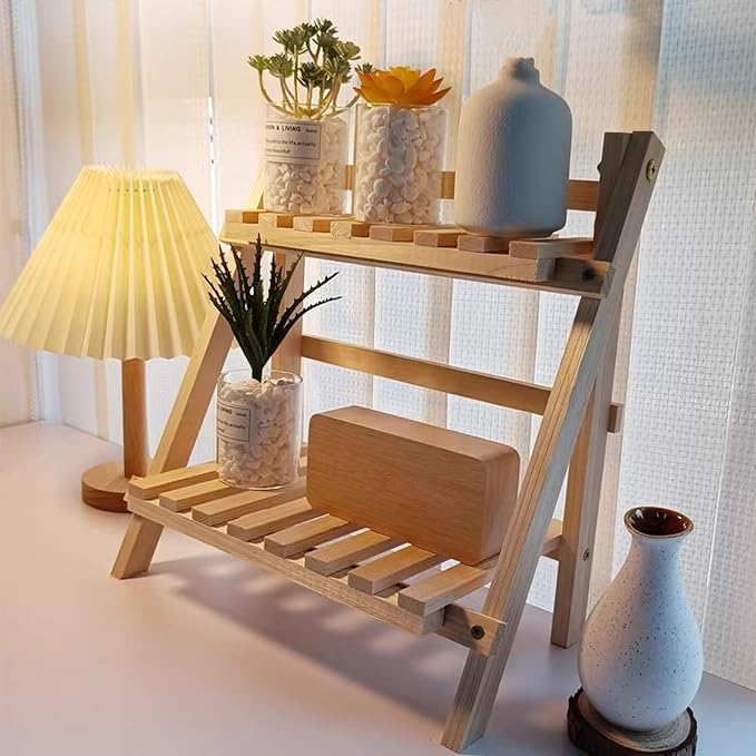 2 Tiers Plant Stand Bamboo, Tabletop Bamboo Succulent Plant Stand for Window Sill Plant Shelf, Rack Flower, Pot Holder, Desk Tiered Succulent Pot Holder(White)