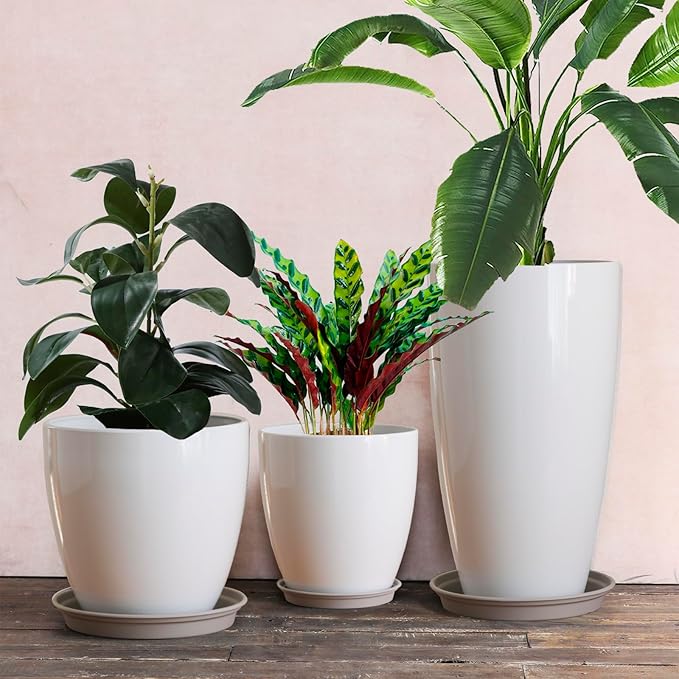 Tall Round Plant Pots with Drainage Holes & Saucer Plastic Decoration Planters for Indoor & Outdoor Garden Home Plants,White Flower Pots 3 Pack 11"/12"/21" H