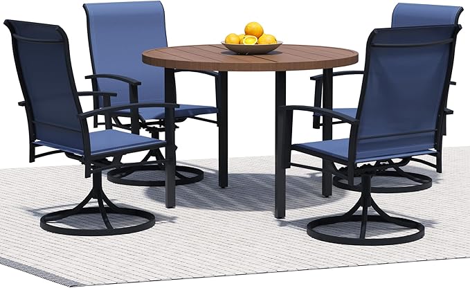 5 Piece Outdoor Dining Set, 42" Walnut Round Outdoor Dining Table with 4 Blue Swivel Patio Table and Chair Set of 4 for Lawn, Garden, or Porch