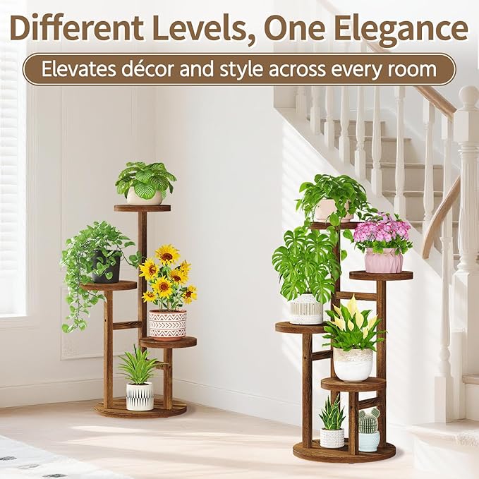 LASZOLA Black 4 Tiered Wooden Plant Stand Indoor with Heavy Duty Planter, Large Multiple Level Vertical Flower Rack for Narrow Corner, Sturdy Rustic Shelving Organizer Holder for Modern House Bathroom