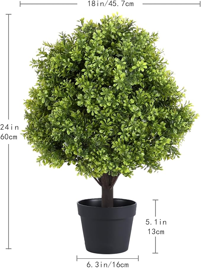 24" Faux Boxwood Plants Outdoor, Artificial Topiary Ball Trees Set of 2, UV Resistant Fake Potted Evergreen Realistic Greenery Bushes Shrubs for Outside Front Porch Planter Patio Indoor Decor 2ft Tall
