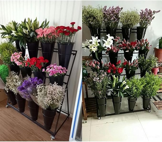 Flower Display Stand, Mobile Plant Cart shelve with Wheels, with Plastic Buckets, Easy to Install, Stepped Plant Stand, Suitable for Indoor and Outdoor Balcony Courtyard Garden Art Exhibitions ( Color