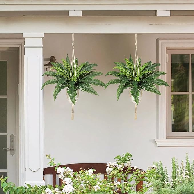 JUSTOYOU 25" Realistic Artificial Boston Fern Bush, Set of 2 with 24 Fronds Faux Fake Ferns UV Resistant Plants for Living Room, Garden, Porch and Front Door Decor