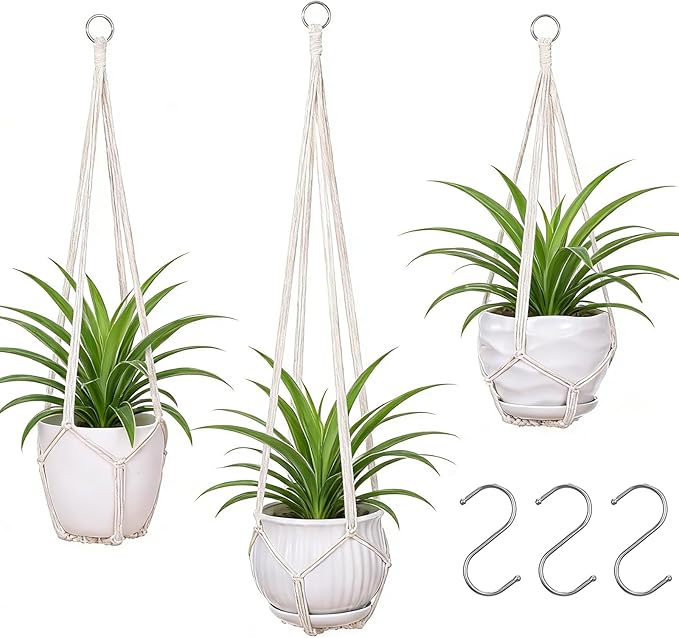 YIBOT 3 Pack Macrame Plant Hanger Indoor Hanging Planter Basket with 3 Hooks, 35"/29"/23" Crochet Plant Holder Stand No Tassels for Indoor Outdoor Boho Home Decor, Ivory (POTS NOT Included)