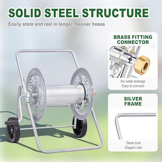 Outvita Hose Reel Cart, Hold up to 175 Ft of 5/8'', Garden Water Hose Reel Carts Mobile Tools with 2 Wheels, Heavy Duty Powder-coated, for Garden, Yard, Lawn, Outdoor(Silver)