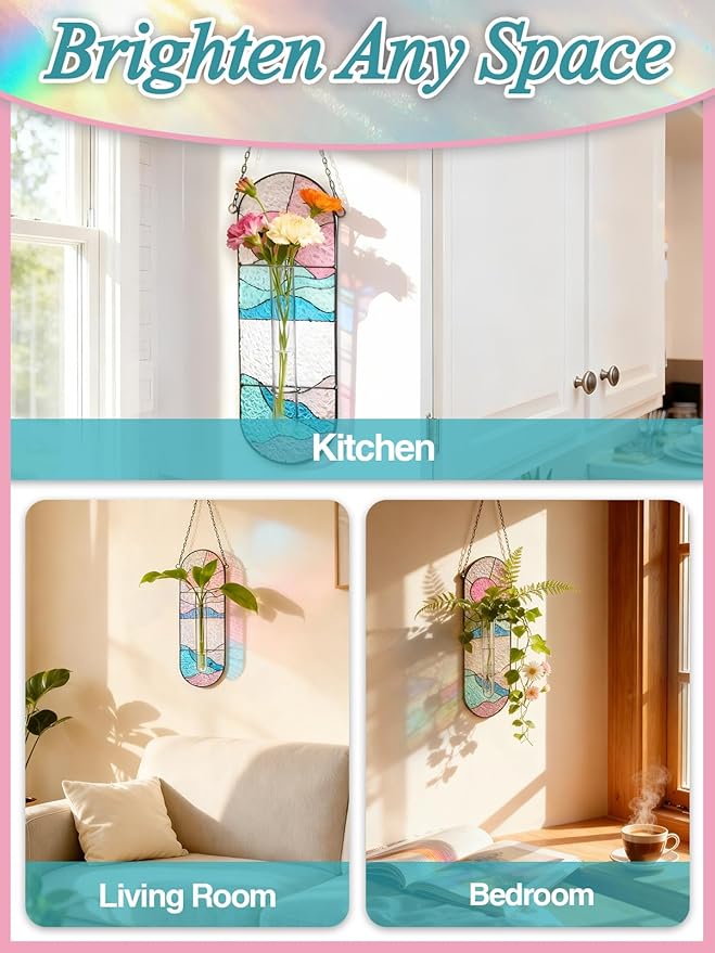 Stained Glass Plant Propagation Stations - Handmade Sunshine Catcher Hydroponic Planter Window Hanging with Glass Tubes, Christmas Terrarium Decor Gifts for Women Mom Plant Lovers, Pink
