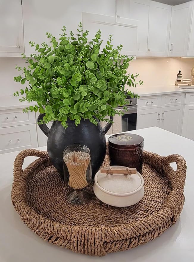 Artificial 5Pcs Faux Eucalyptus Leaves Stems Fake Plants Sharp UV Resistant Faux Plastic Boxwood for Wedding Kitchen Office Garden Porch Farmhouse Window Box Home Decor