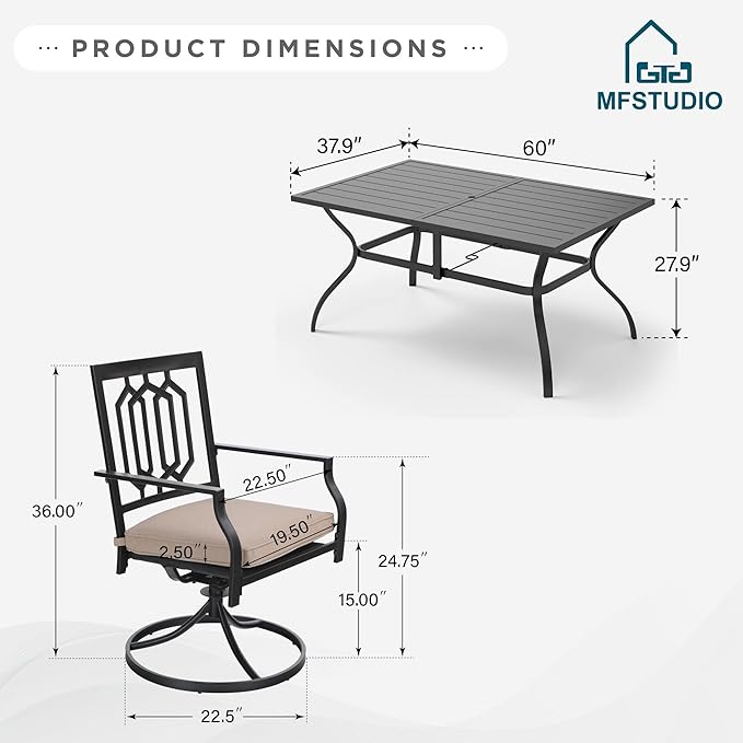 MFSTUDIO 7-Piece Metal Outdoor Patio Dining Furniture Set with 6 Swivel Armrest Chairs and Steel Frame Slat Larger Rectangular Table with 1.57 Umbrella Hole for Poolside, Porch, Backyard