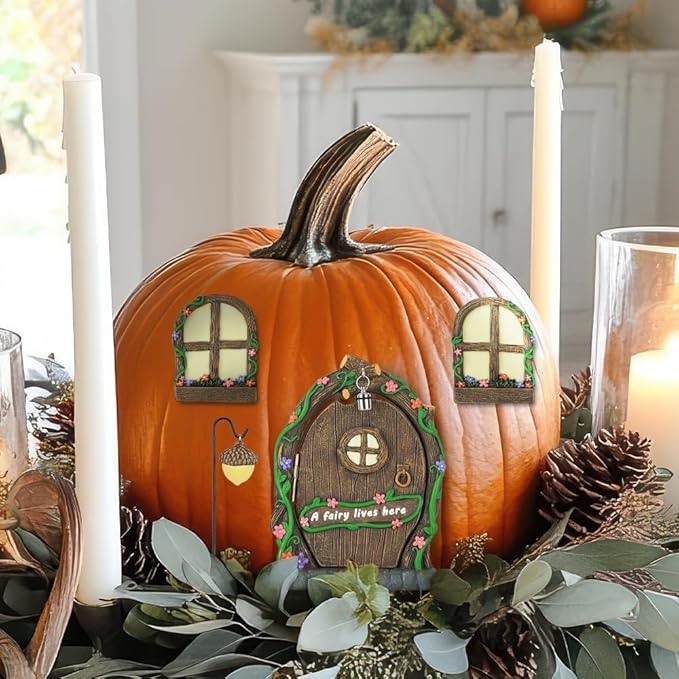 MEETYAMOR Miniature Fairy Garden Accessories, 4 PCS Opening Fairy Door and Windows with Light for Trees, Glow in The Dark Yard Art Outdoor Statues Fairy House Kit Garden Decor for Outside