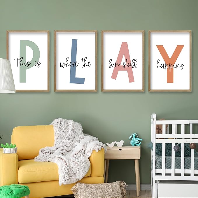This Is Where The Fun Stuff Happens Kids Playroom Wall Art 24x16 Inch Set Of 4 Rustic Kids Wood Framed Boy Sign Toddler Modren Nursery Interesting Let's Play Prints Wall Hang Decor (Wood)
