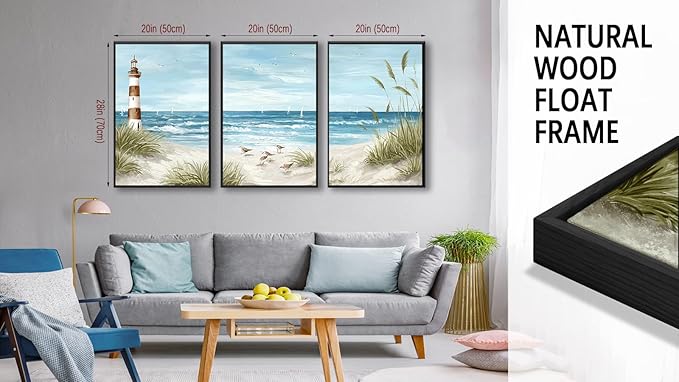 Large Framed Coastal Wall Art - Summer Beach Lanscape Wall Decor Painting 20"x28" Set of 3 Seabird Lighthouse Prints Ocean Waves Canvas Pictures for Living Room Bedroom Office Artwork