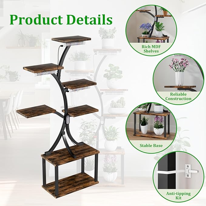 plant stand with lights for indoor plants, 7 Tiered Indoor Plant Shelf, 60" Corner Plant Stand with grow light, Metal tall Plant Flower Display Shelves, Tree-Shaped Plant Rack for Home, Patio, Black