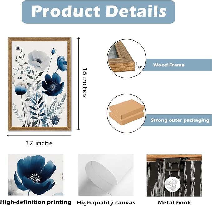DUWQU 3 Pcs Blue Floral Canvas Wall Art, Wood Framed Navy Blue Wildflower Lily Daisy Wall Decor, Watercolor Botanical Flower Home Poster Art Prints for Living Room Bedroom Bathroom 16×24 Inches