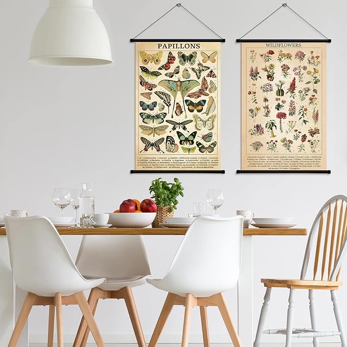 Geosar 2 Pcs Vintage Mushroom Flower Butterfly Tree Poster Fungus Rustic Wall Hanging Illustrative Reference Chart Poster for Bedroom Living Room, 15.7 x 23.6 Inch (Butterfly,Flower)