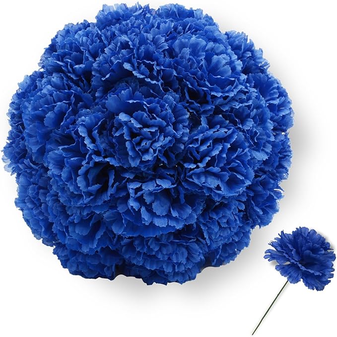 Silk Carnation Flower, 50 Artificial Flowers, Used for Wedding Decoration DIY Handmade Flowers, Carnation Flower Diameter 3.5 Inches and 6 Inches Stem (Blue)