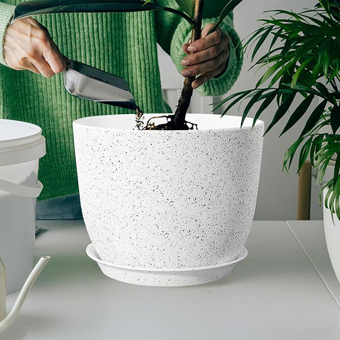 3 X 10Inch Plant Pots Set for Indoor Outdoor, Flower Pots for House, Plant Planters Pots with Drainage Hole and Saucer Plastic Decoration Pot, Speckled White