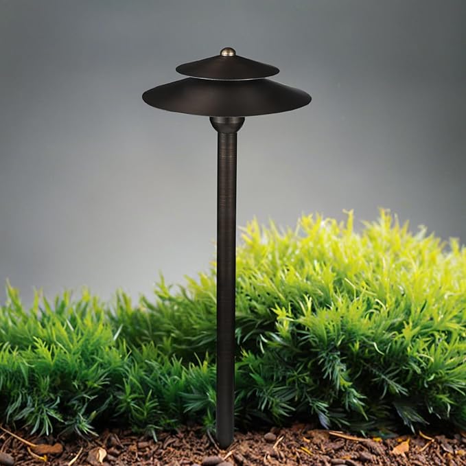 DOSHINE® Solid Brass Low Voltage Landscape Lighting Pathway Lights (8.25" Shade, 22" Tall) with Replaceable 3W G4 LED Bulb 3000K AC/DC 12V and Ground Stake for Outdoor Walkway Driveway (DOU, 4-Pack)