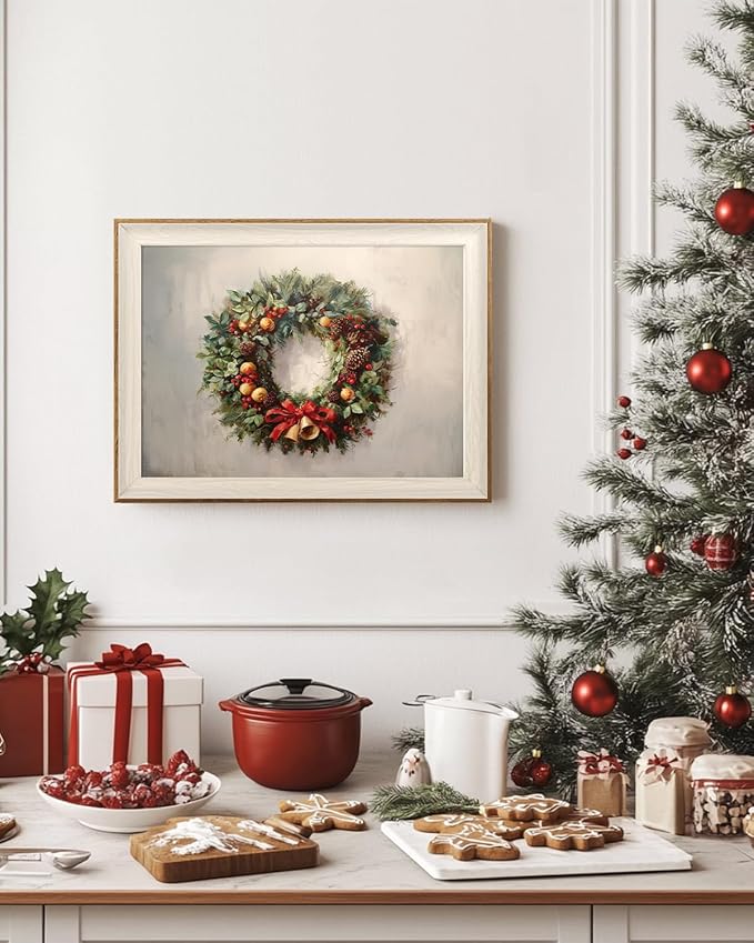 InSimSea Christmas Decor Framed Wall Art, Christmas straw wreath Canvas Painting, Pleasant Holiday decor Unique Christmas Gifts For Table Wall Farmhouse Mantel Home Office 12L x 16W