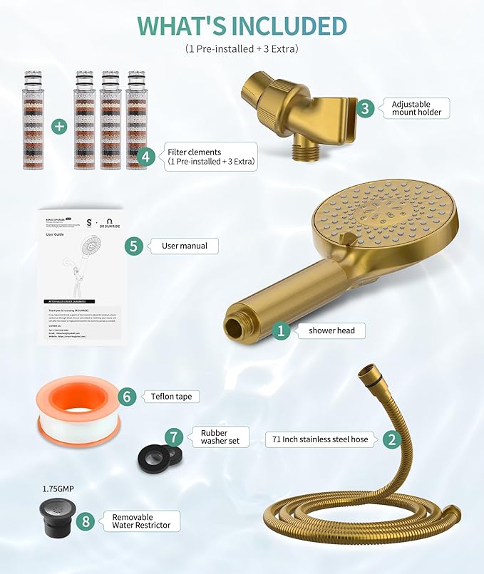 SR SUN RISE Filtered Shower Head with Handheld High Pressure 9 Spray Mode Showerhead Detachable Shower Head Water Softener Filters Beads for Hard Water Remove Chlorine 4 Filters Brushed Gold