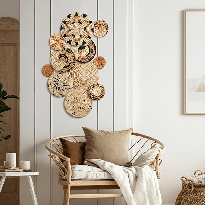 Tatuo 11 Pcs Boho Wall Basket Decor Decorative Bulrush Woven Basket Wall Decor Art Round Farmhouse Hanging Baskets for Kitchen Rustic Home Summer Decorations, Multi Sizes(Artistic)