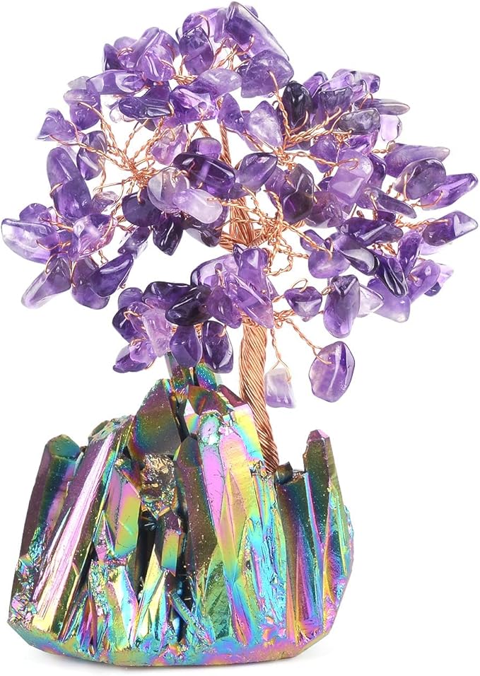 Natural Amethyst Decor Crystal Tree of Life Quartz Rainbow Tatinium Base Healing Crystals Feng Shui Bonsai Handmade Money Tree for Wealth and Luck