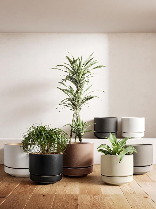 LE TAUCI 12 Inch Pot for Plants with Saucer, Ceramic Indoor Planter Pot with Drainage Hole, Mesh Pad & Plug Included, Unglazed Porous Ceramic, Modern for Home and Office, Charcoal Gray