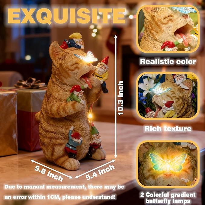 Solar Funny Garden Gnomes Kitty Figurine Colorful Gradent LED Lights Decorations for Yard Sculpture Outdoor Statue