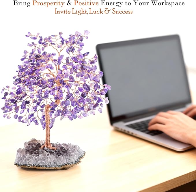 Natural Gemstone(406 Stone Count) Amethyst Crystal Tree of Life,Chakra Balancing Positive Enegy Fengshui Decor Bonsai Money Tree,Good Luck Spiritual Gift Height 8.5-9 Inches