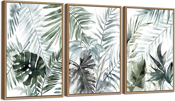 Large Framed Canvas Wall Art - Natural Float Framed Tropic Leaf Pictures Wall Art Prints for Living Room Decor Green Plants Artwork for Bedroom Kitchen Home Office Decoration 72" X 36" Set of 3