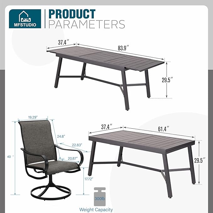 MFSTUDIO Patio Dining Set for 6, Expandable Patio Table and Chairs Set, 7 Piece Outdoor Dining Set for Deck/Backyard/Poolside/Garden