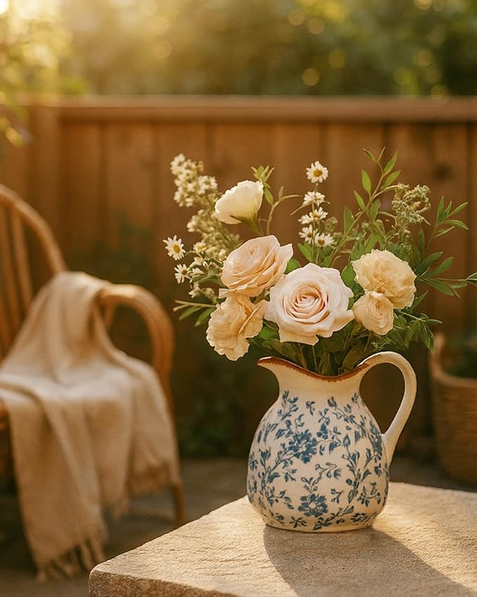 Blue and White Ceramic Vase with Handle – 7.28 Inch Vintage Crackle Glaze Pitcher Style Flower Vase, Chinoiserie Tuscan Decorative Jug for Shelf, Desk, Home Decor