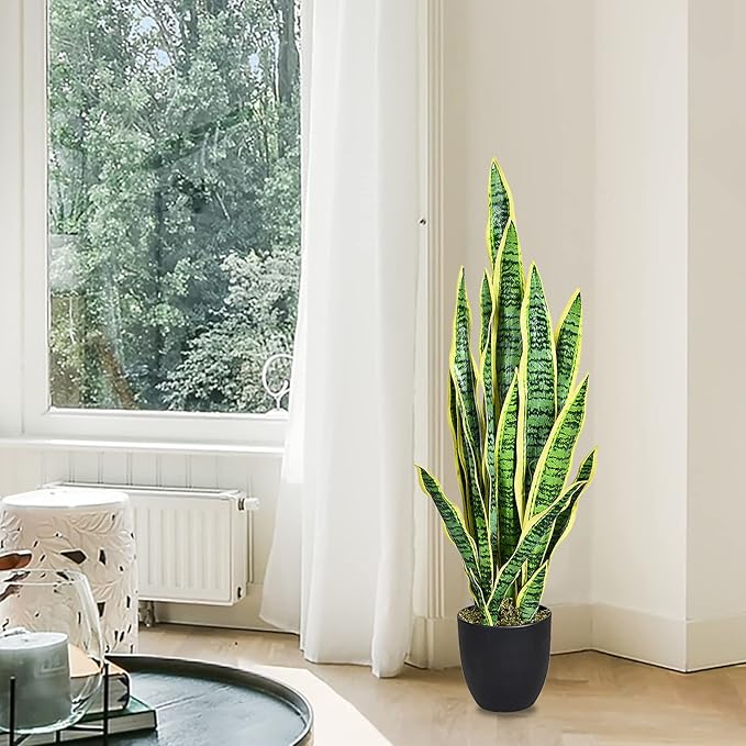 Goplus Fake Snake Plant, 36" Tall Artificial Potted Floor Plant, Large Faux Sansevieria Plant with 6'' Pot and 20pcs Leaves for Living Room House Modern Office Indoor Decor