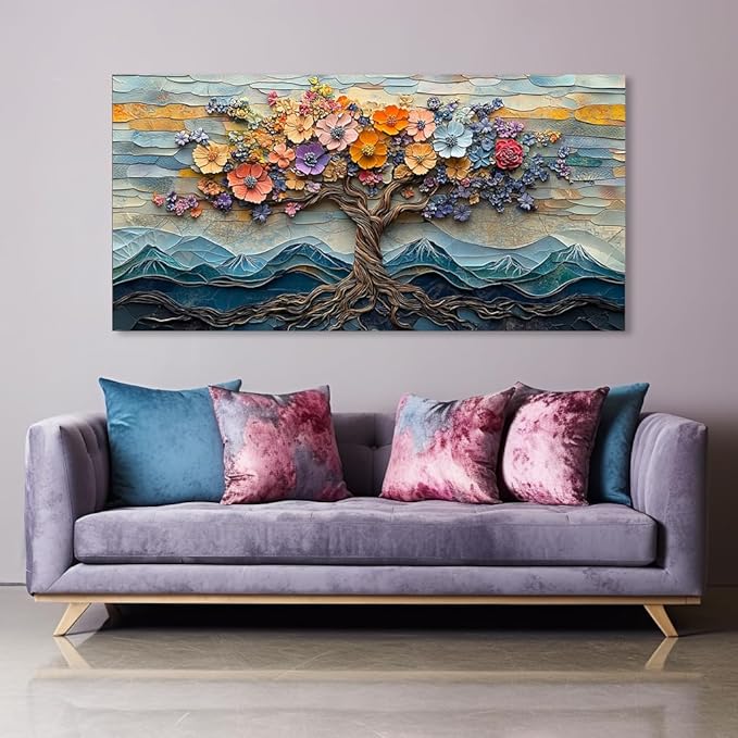 Floral Flower Tree Canvas Wall Art Colorful Tree of Life Painting Prints for Living Room Colorful Abstract Blooming Tree Flower Pictures Wall Décor Bedroom Farmhouse Home Decor Ready to Hang (20x40 Inches)