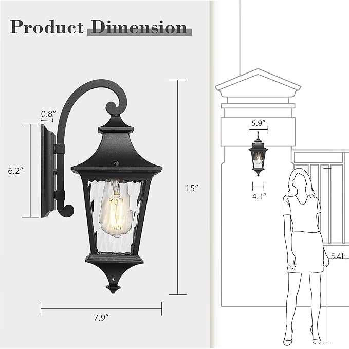 Emliviar 2-Pack Farmhouse Lantern Wall Sconces, 15" Wall Mount Outdoor Lights, Black Finish with Water Ripple Glass, XE292B-2PK-SW BK
