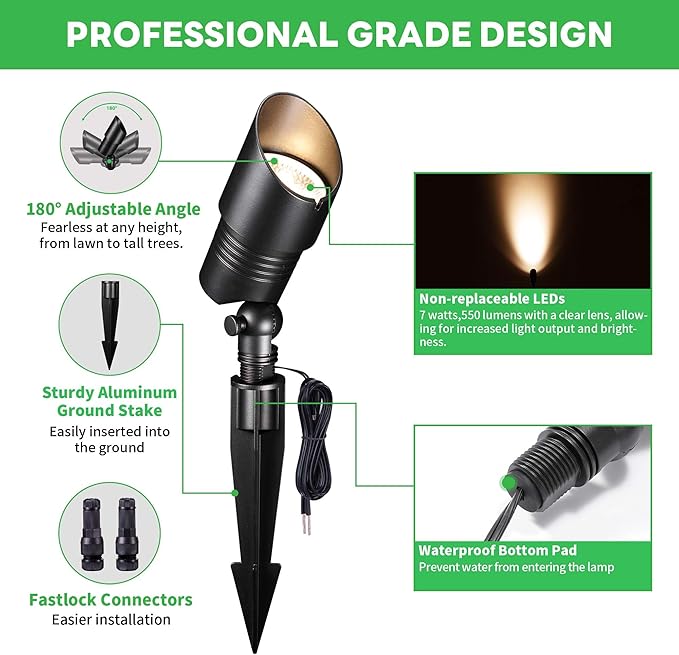 Landscape Spotlight - Soft & Natural White Selectable Setting Up Lights, Outdoor Low Voltage Spot Lights, LED 12V Wired Waterproof Aluminum, Black for Garden Patio Wall 6 Pack
