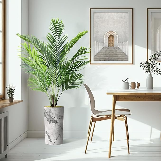 Artificial Tree in Gray Marble Effect Planter, Fake Areca Tropical Palm Silk Tree for Indoor and Outdoor Home Decoration - 66" Overall Tall (Plant Pot Plus Tree)
