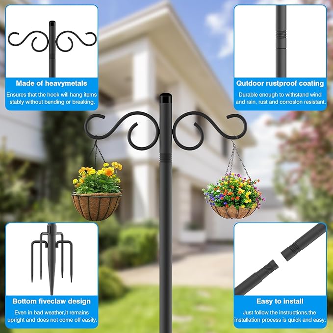 Adjustable Shepherd Hooks for Outdoor,2 Pack 110 Inch 5 Prong Base Bird Two Sided Feeder Poles,Heavy Duty Shepherds Hook,Suitable for Garden in Hanging Flower Basket,Lantern,Bird Nests