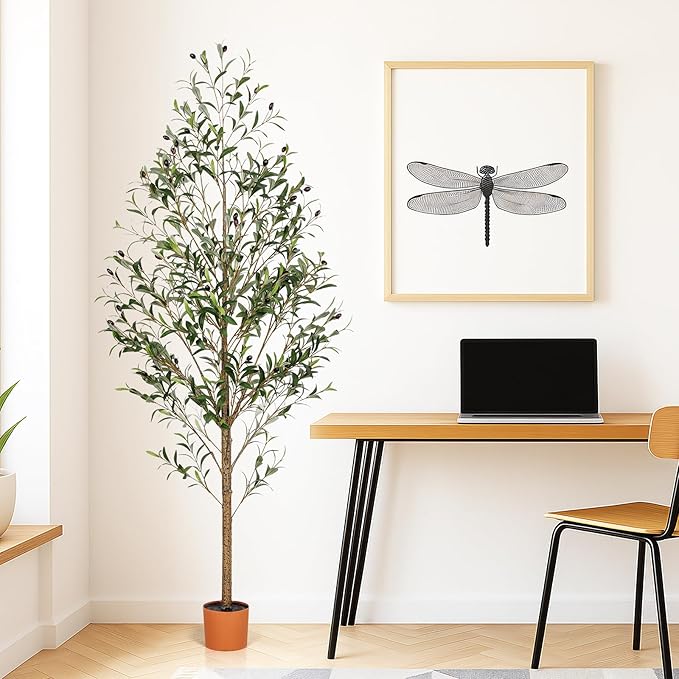 7FT Artificial Olive Tree Indoor Tall Realistic Faux Olive Tree with Plastic Planter, Fake Silk Tree with Handcrafted Branches & Fruits, Large Fake Plant for Home and Office Decor