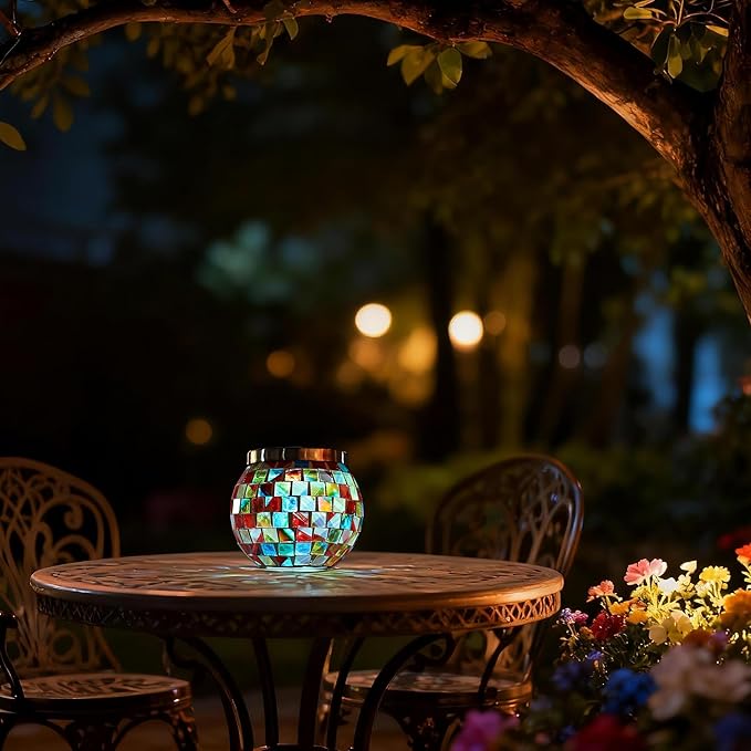 Cooo 4 Pack Landscape Lighting Path Lights Heavy Solar Mosaic Lantern with RGB Color-Changing Light – Dual Solar Panels, Red Amber Glass Tiles, Waterproof Outdoor Christmas Decorations