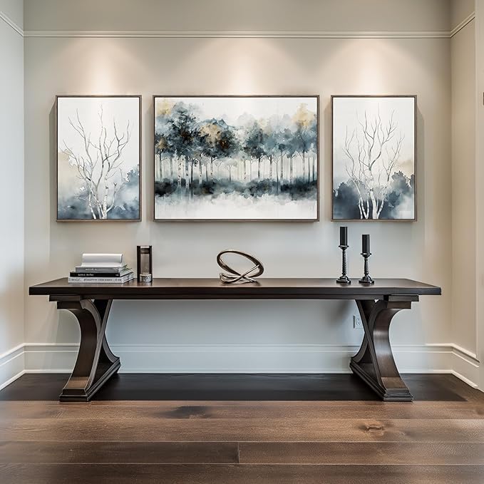Large Framed Blue Abstract Tree Wall Art for Living Room, 3 Piece Modern Nature Gray Forest Canvas Artwork Set, Watercolor Landscape Farmhouse Art Prints for Hallway Bedroom Kitchen Home Office Decor