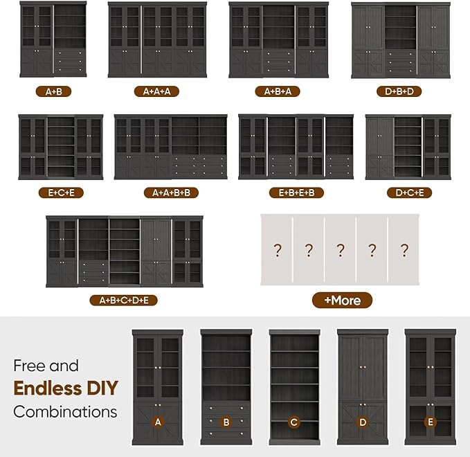 Vyre 70.8" Tall Farmhouse Bookshelf with Glass Doors, Modular Bookcase with 6-Tier Adjustable Shelves, Large Storage Cabinet for Kitchen, Living Room, Black, Set of 3