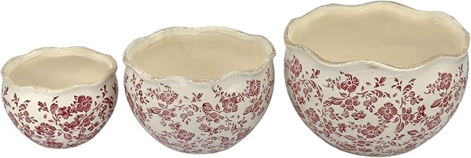 Galt International Ceramic Plant Pots Set of 3 Rustic Vintage Farmhouse Cream Crackle Glaze (11"/ 9.6"/ 7") Garden Indoor Outdoor Flower Planter w/Drainage Hole (Vintage Red)