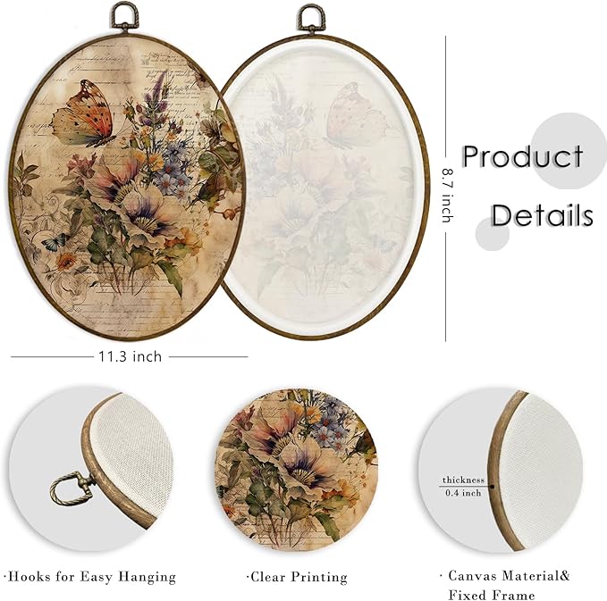 MAQIKA Farmhouse Butterfly Floral Oval Framed Wall Art Decor, Butterfly Home Decor, Wildflower Oval Wall Hanging Decor, Vintage Butterflies Canvas Prints Wall Art for Office Liviing Room, 8.7x11.3 In