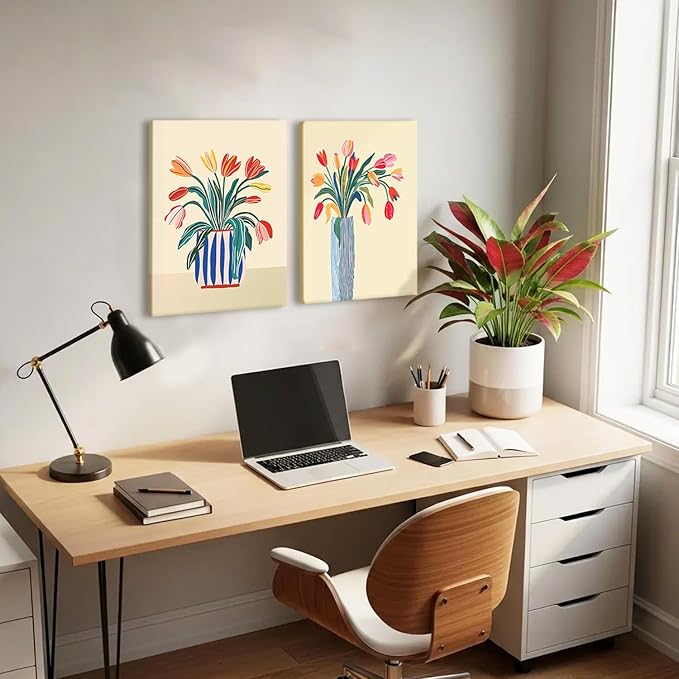RUMSICH 2 Pcs Abstract Tulip Canvas Wall Art Modern Floral Wall Decor Pictures Colorful Botanical Posters Print Vintage Blue Striped Vase Paintings Artwork Living Room Bedroom Office Decor 16x24 Inch