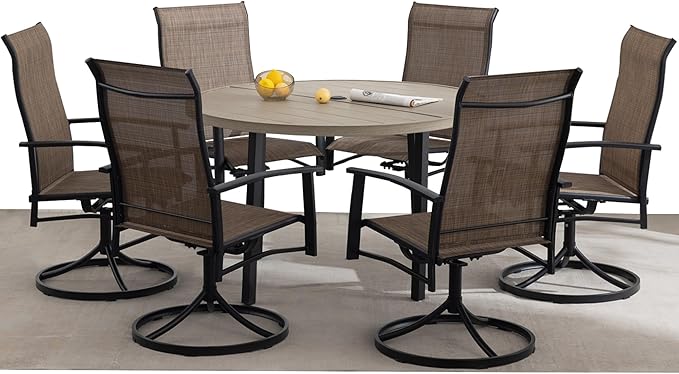 7 Piece Outdoor Dining Set, 47" Honey Oak Round Outdoor Dining Table with 6 Mocha Swivel Patio Table and Chair Set of 6 for Lawn, Garden, or Porch