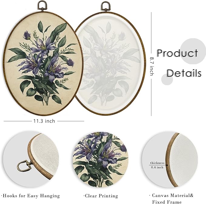 MAQIKA Retro Purple Floral Plant Oval Framed Wall Art Decor, Vintage Botanical Print, Wildflower Oval Wall Hanging Decor, Purple Flower Canvas Prints Wall Art for Bedroom Dorm Room, 8.7x11.3 Inch