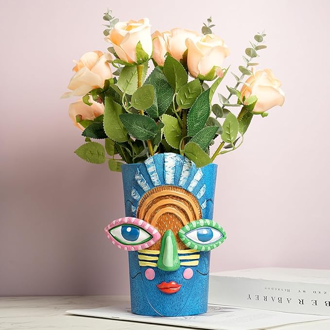 Picasso Blue Face Planter Pots Abstract Art Colorful Funky Plant Pots with Facial Expressions Unique Head Planter for Indoor Plants Home Decor (Large)