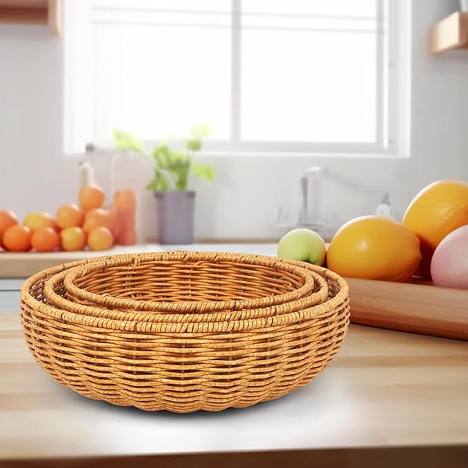 Imitation Wicker Bread Basket, 3 Pack Woven Rattan Basket Round Woven Baskets Woven Breads Baskets For Serving Vegetables, Kitchen, Restaurant, Outdoor, 3 Sizes (Yellow)