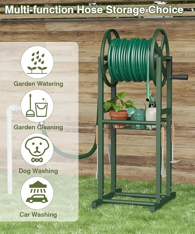 Freestanding Garden Hose Reel holds 125ft Hose of 5/8" with 4 Hooks, 4-Spike Outdoor Hose Holder with 3.9ft Leader Hose & Brass Fitting, Detachable Metal Hose Stand with Storage Rack, Green