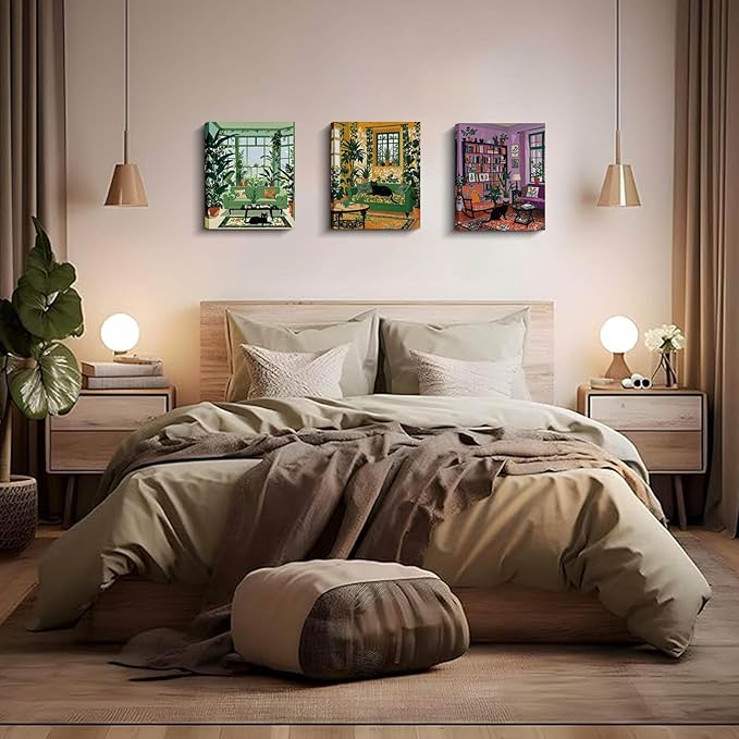 Framed Botanical Garden Living Room Wall Art, Black Cat and Plants Reading Room Home Decor, 4 Piece Canvas Prints 8 x 10 Inch